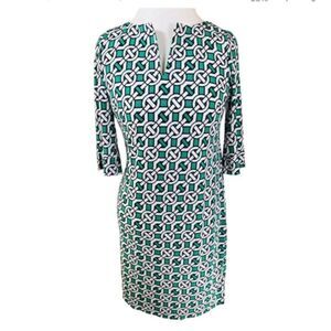 Laundry by Design Grn/Wht/BIk Geometric Print Slip on Shift Dress Size: 2